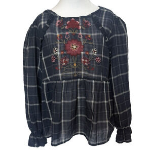 Blue Rain Womens Floral Embroidered Blouse Size M Boho Peasant Puff Ruffle Plaid